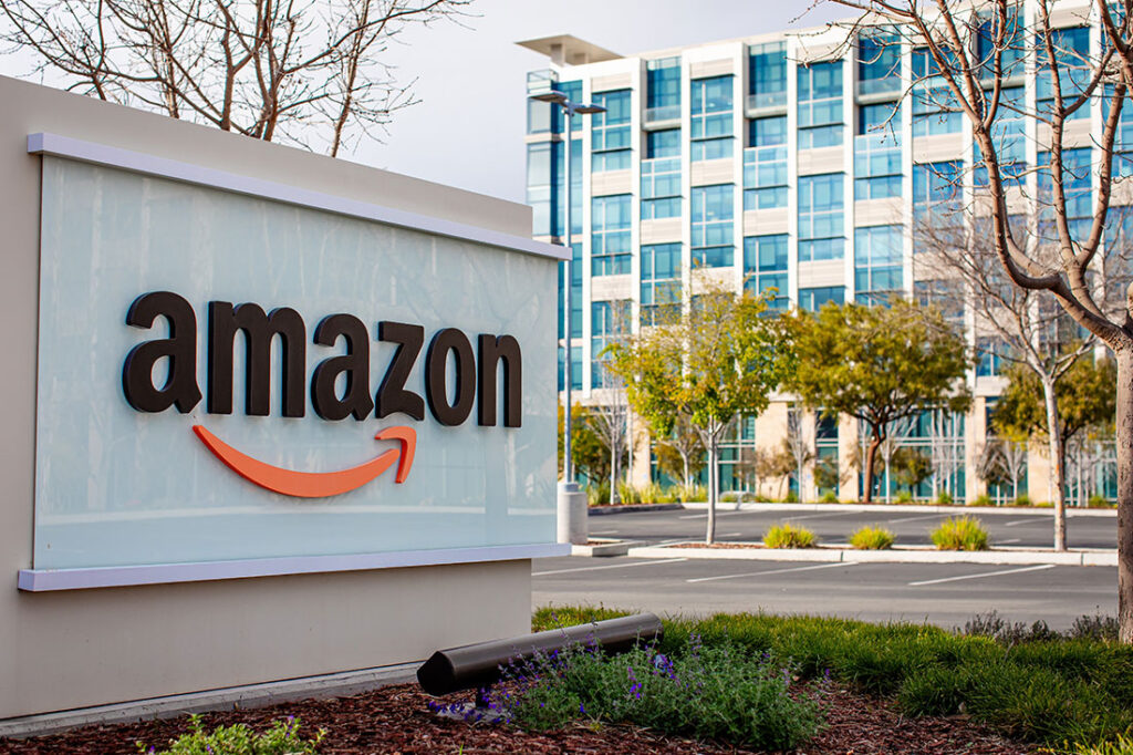 Amazon logo and sign displayed in front of the company corporate offices