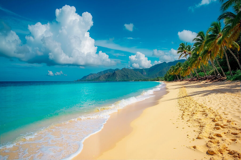 Tropical island beach landscape exotic shore coast. Summer vacation, holiday amazing nature. Relax paradise.