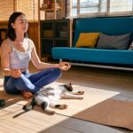 Woman practicing gratitude affirmations on her living room floor with her cat