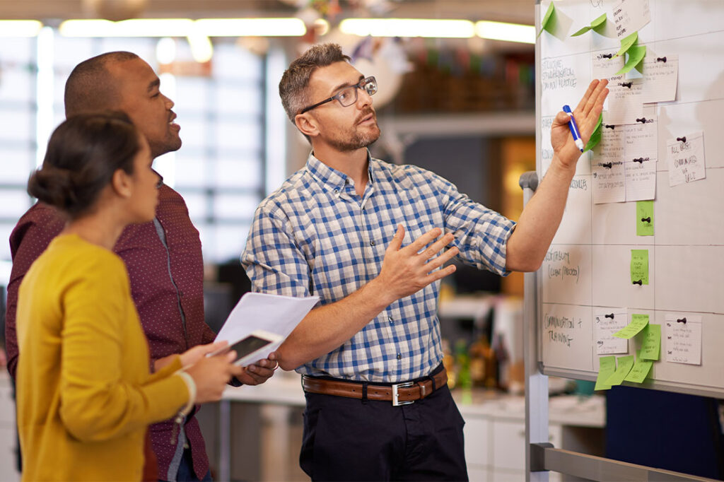 Startup company planning and strategizing on a whiteboard