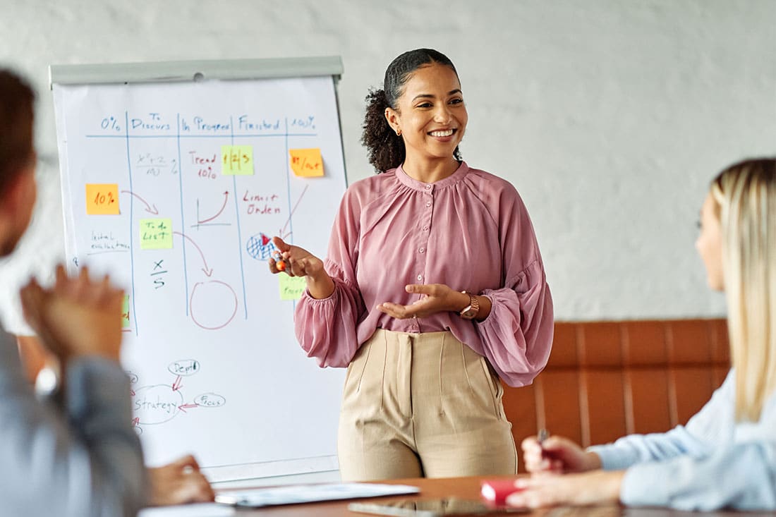 Group of young business people having a meeting or presentation and seminar with whiteboard in the office