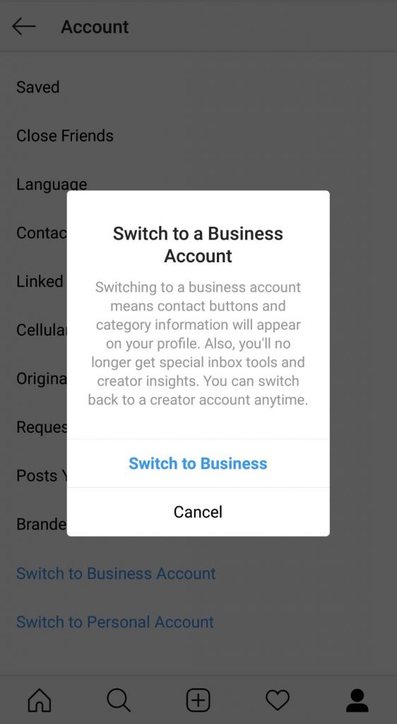 switching to a instagram business account
