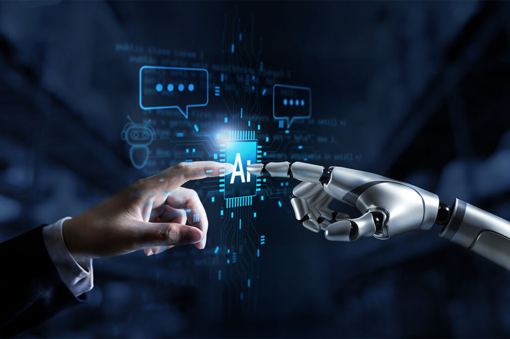 Hands of robot and human connect artificial intelligence AI circuit board