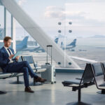 Business man at airport using tablet for business travel