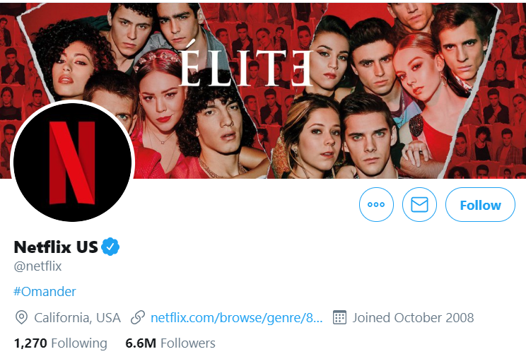 Netflix's Twitter Profile, showcasing their new show Elite.