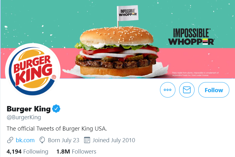 An image of Burger King's Twitter profile showcasing their new product campaign.