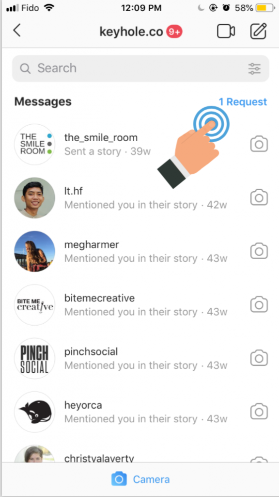 Reaching out to influencers to pitch a marketing campaign through direct messages may be missed. A screenshot indicating how to access direct message requests on Instagram. 
